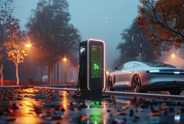 Electric car charging at a sleek station on a rainy city street at dusk, neon lights outlining the charger and car.