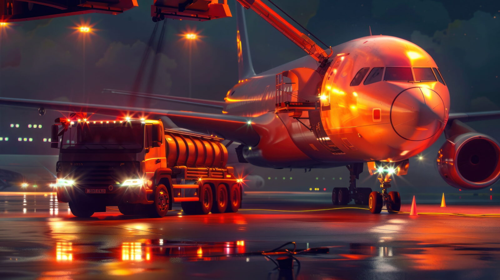 Nighttime airport scene with a large passenger airplane on the tarmac, connected to ground support equipment with orange lights reflecting on the wet surface.