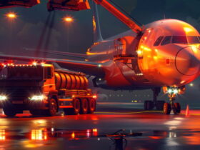 Nighttime airport scene with a large passenger airplane on the tarmac, connected to ground support equipment with orange lights reflecting on the wet surface.