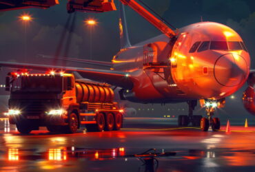 Nighttime airport scene with a large passenger airplane on the tarmac, connected to ground support equipment with orange lights reflecting on the wet surface.