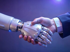 Handshake between a human hand and a robotic hand in blue lighting, symbolizing human-robot collaboration.