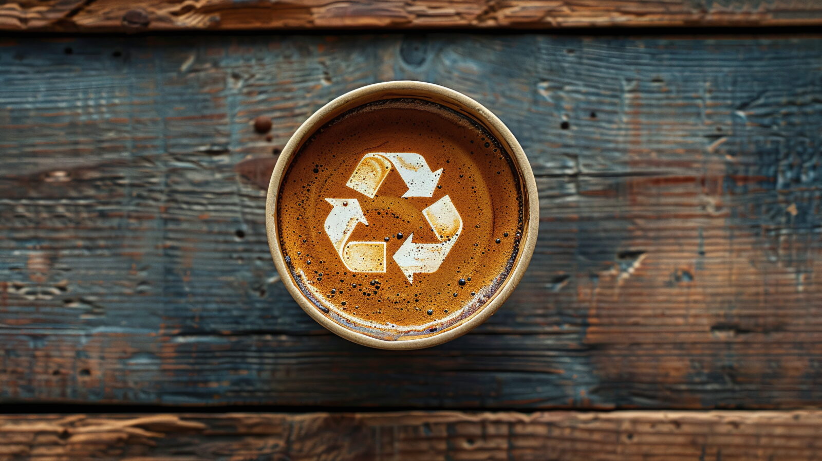 Top-down view of a coffee cup on a weathered wooden table with a white recycling emblem formed in the crema on the surface.