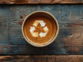 Top-down view of a coffee cup on a weathered wooden table with a white recycling emblem formed in the crema on the surface.