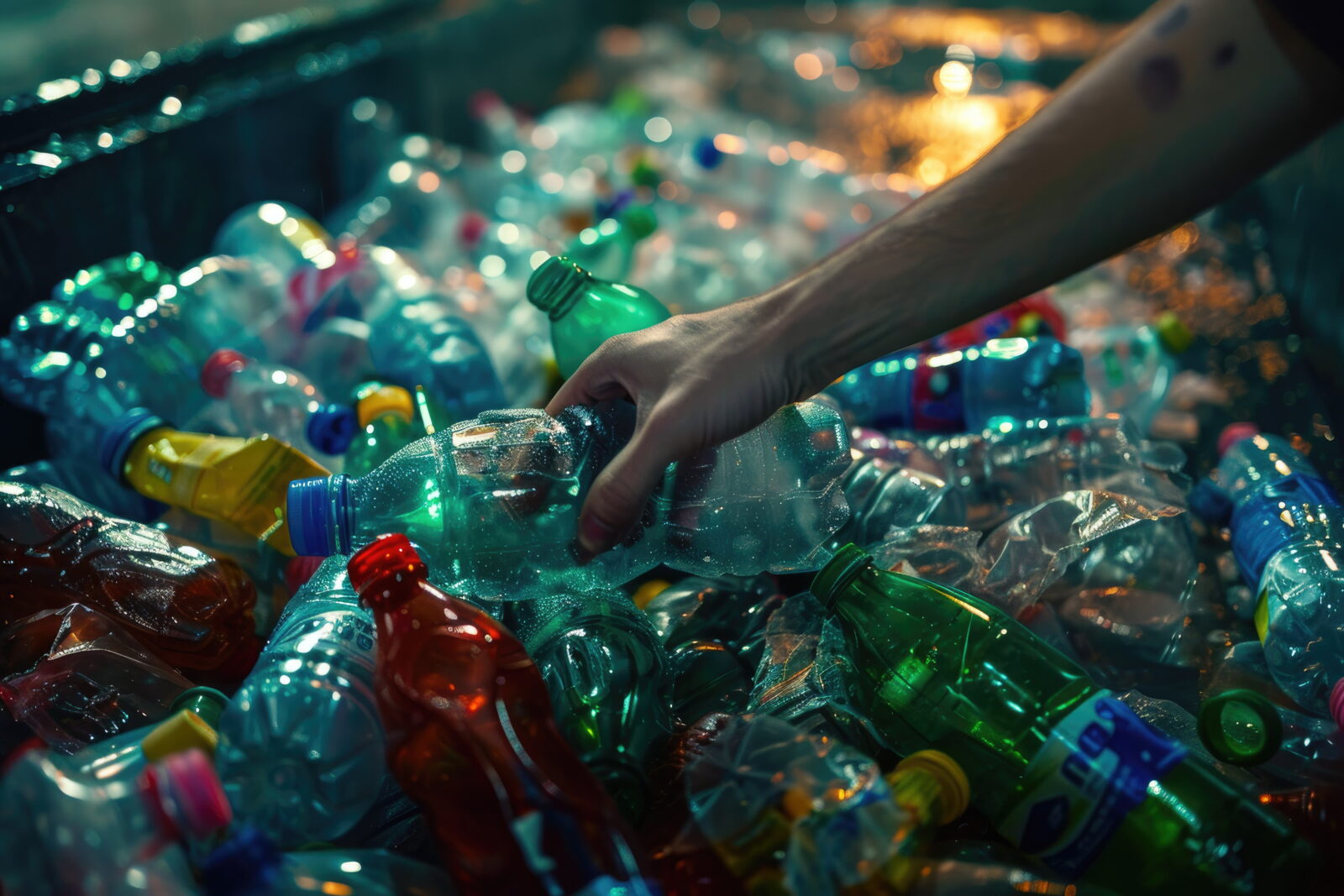 Hand reaching to grab a crushed plastic bottle amid a recycling pile of bottles