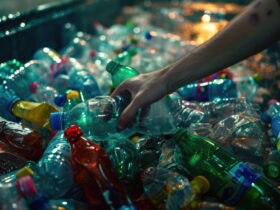 Hand reaching to grab a crushed plastic bottle amid a recycling pile of bottles