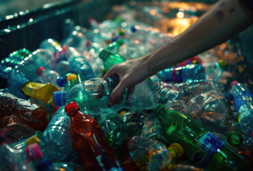 Hand reaching to grab a crushed plastic bottle amid a recycling pile of bottles