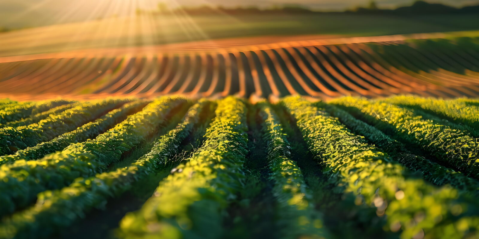 Sunlit canola fields in neat rows with a warm golden sunset glow in the background