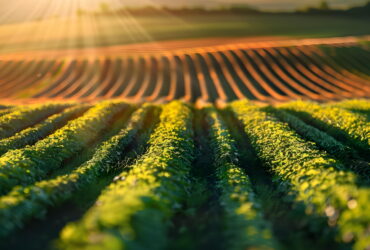 Sunlit canola fields in neat rows with a warm golden sunset glow in the background