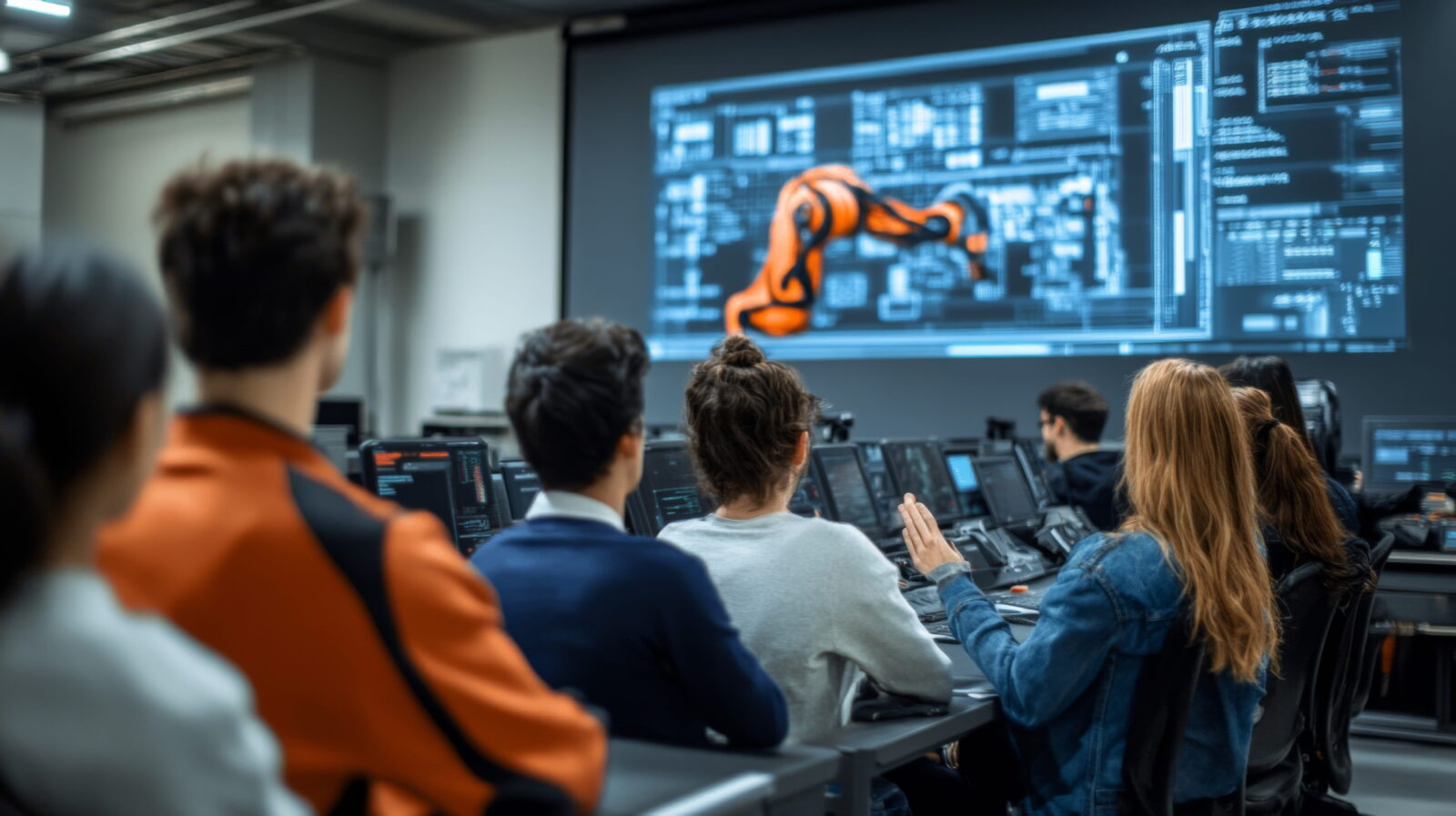 Group of students in a high-tech lab watching a robotic arm on a large screen.