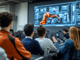 Group of students in a high-tech lab watching a robotic arm on a large screen.
