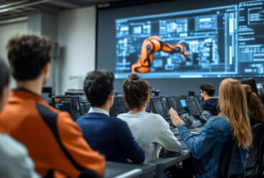 Group of students in a high-tech lab watching a robotic arm on a large screen.