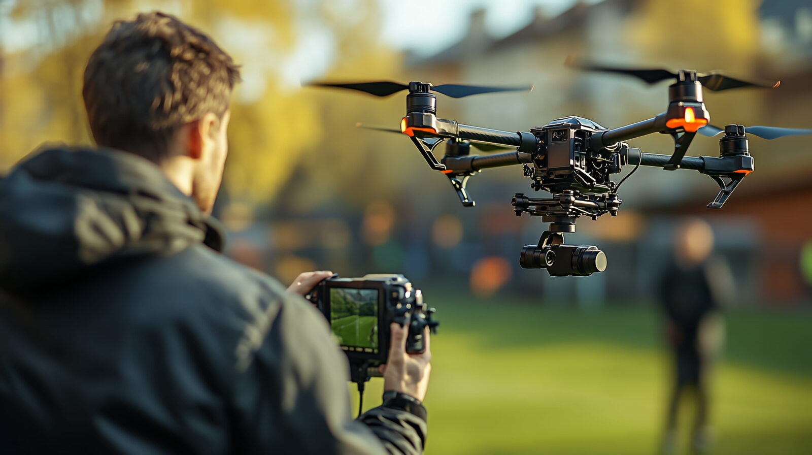 Person in a jacket operates a quadcopter drone with a handheld remote in a park setting.