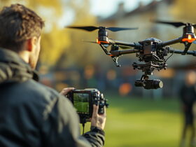 Person in a jacket operates a quadcopter drone with a handheld remote in a park setting.
