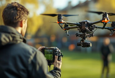 Person in a jacket operates a quadcopter drone with a handheld remote in a park setting.