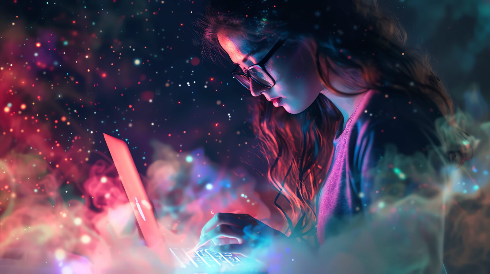 Young woman wearing glasses typing on a laptop amid colorful neon lights and floating particles.