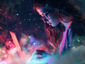 Young woman wearing glasses typing on a laptop amid colorful neon lights and floating particles.