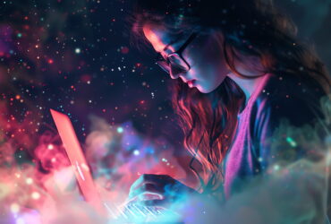 Young woman wearing glasses typing on a laptop amid colorful neon lights and floating particles.