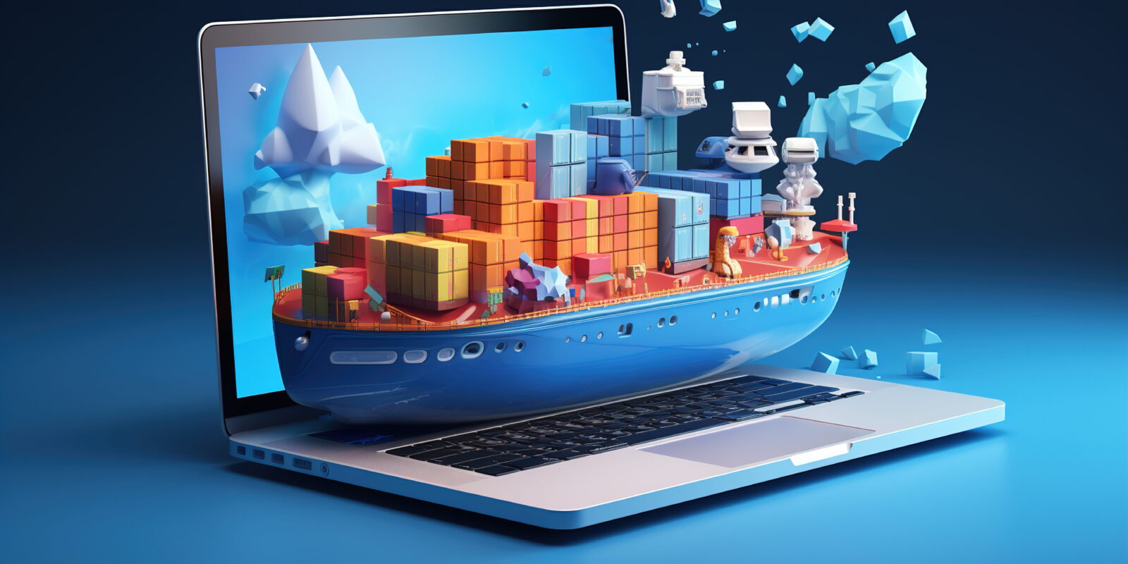 Colorful cargo ship emerging from a laptop screen, symbolizing online shopping and logistics.