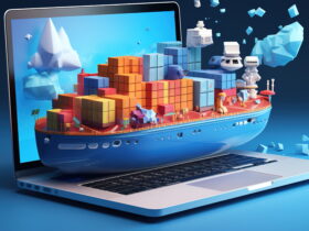 Colorful cargo ship emerging from a laptop screen, symbolizing online shopping and logistics.