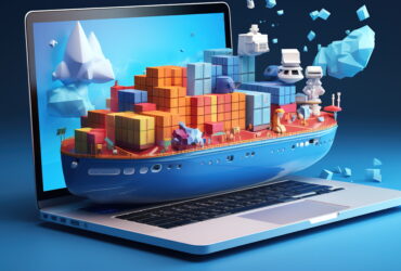 Colorful cargo ship emerging from a laptop screen, symbolizing online shopping and logistics.