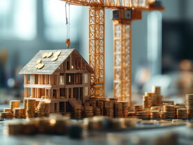 Miniature wooden house under a construction crane, surrounded by stacks of coins, symbolizing real estate investment and development.