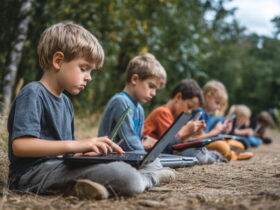 Several children sit in a line outdoors on a dirt ground, using tablet computers.