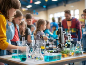 Group of children at a science fair observing lab equipment and experiments on a long table, with beakers and a robot centerpiece