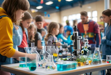 Group of children at a science fair observing lab equipment and experiments on a long table, with beakers and a robot centerpiece