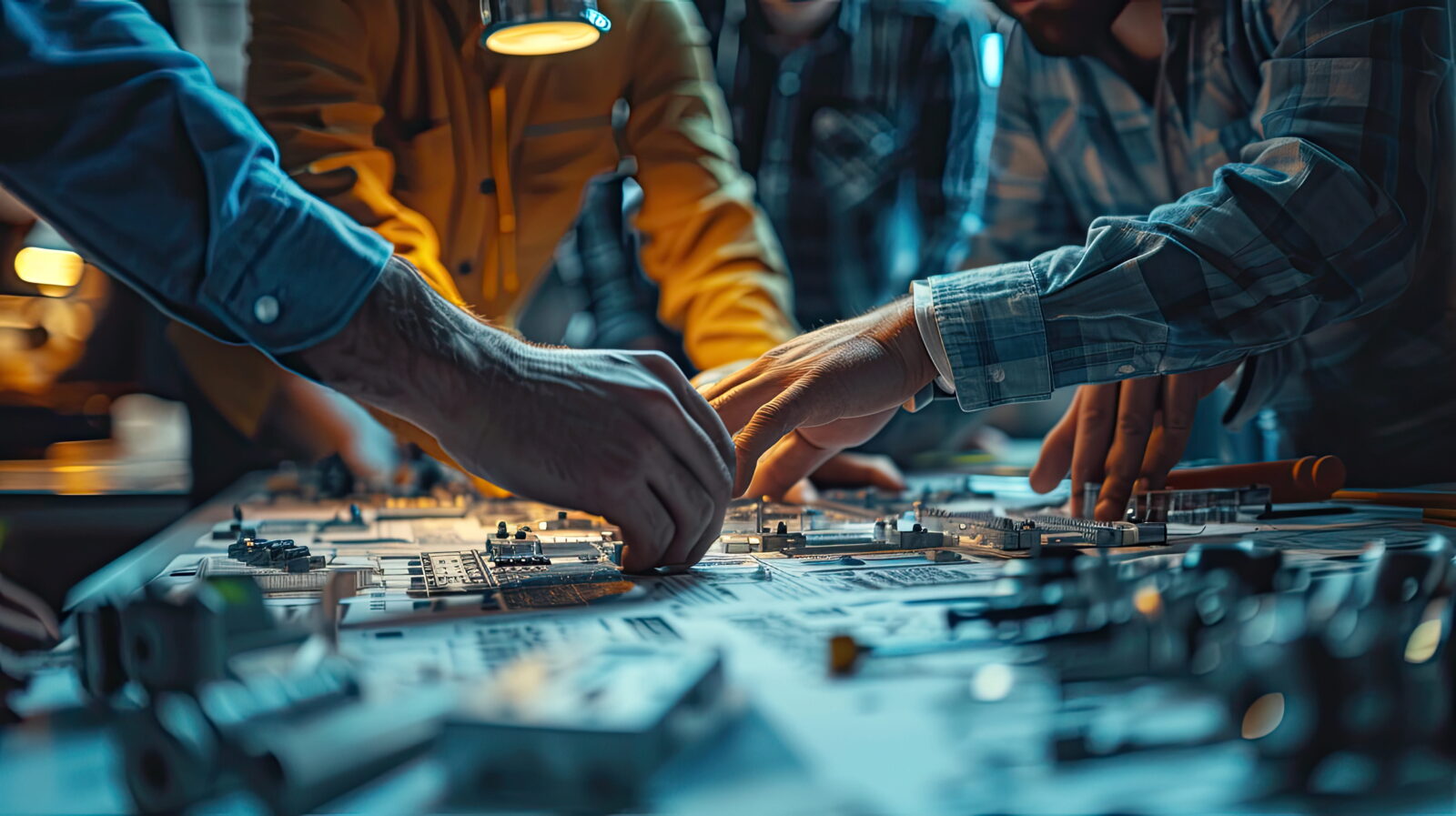 Hands of multiple technicians working on a large PCB, placing components on a crowded workbench under warm task lighting.