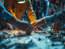 Hands of multiple technicians working on a large PCB, placing components on a crowded workbench under warm task lighting.