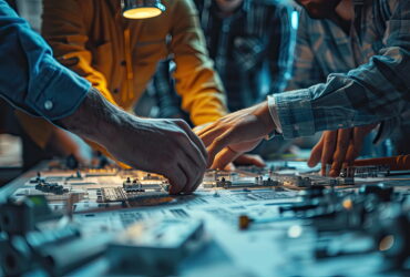Hands of multiple technicians working on a large PCB, placing components on a crowded workbench under warm task lighting.