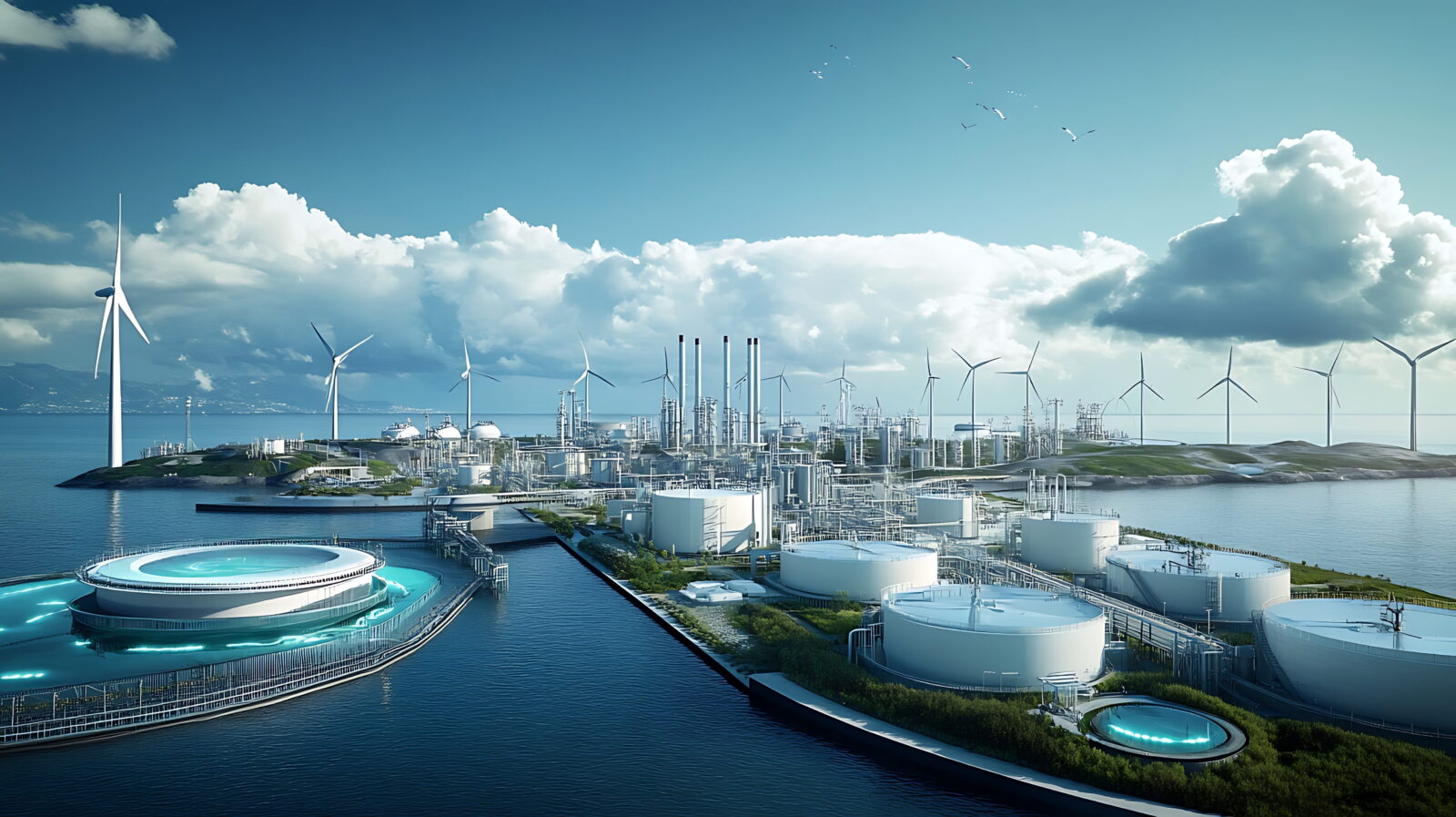 Industrial offshore energy complex with wind turbines along the coast and circular processing tanks by the water's edge