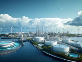 Industrial offshore energy complex with wind turbines along the coast and circular processing tanks by the water's edge