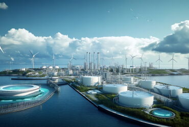 Industrial offshore energy complex with wind turbines along the coast and circular processing tanks by the water's edge