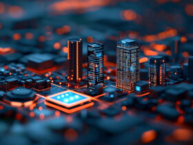 Futuristic city skyline built from a circuit board, glowing blue and orange lights.