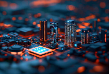 Futuristic city skyline built from a circuit board, glowing blue and orange lights.
