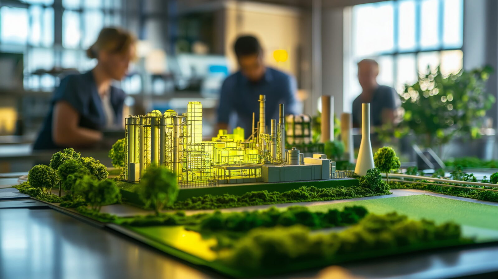 Scaled architectural model of an industrial campus with tall chimneys and surrounding trees on a bright planning table in a modern office.