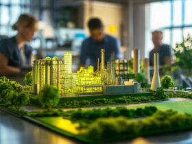 Scaled architectural model of an industrial campus with tall chimneys and surrounding trees on a bright planning table in a modern office.