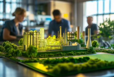 Scaled architectural model of an industrial campus with tall chimneys and surrounding trees on a bright planning table in a modern office.