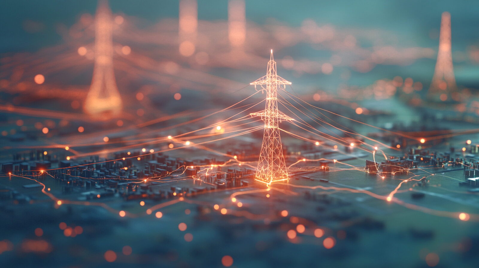 Glowing power transmission tower with illuminated wires across a blurred cityscape, symbolizing the electric grid and connectivity.