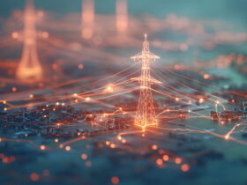 Glowing power transmission tower with illuminated wires across a blurred cityscape, symbolizing the electric grid and connectivity.
