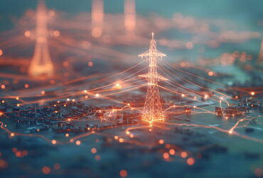 Glowing power transmission tower with illuminated wires across a blurred cityscape, symbolizing the electric grid and connectivity.