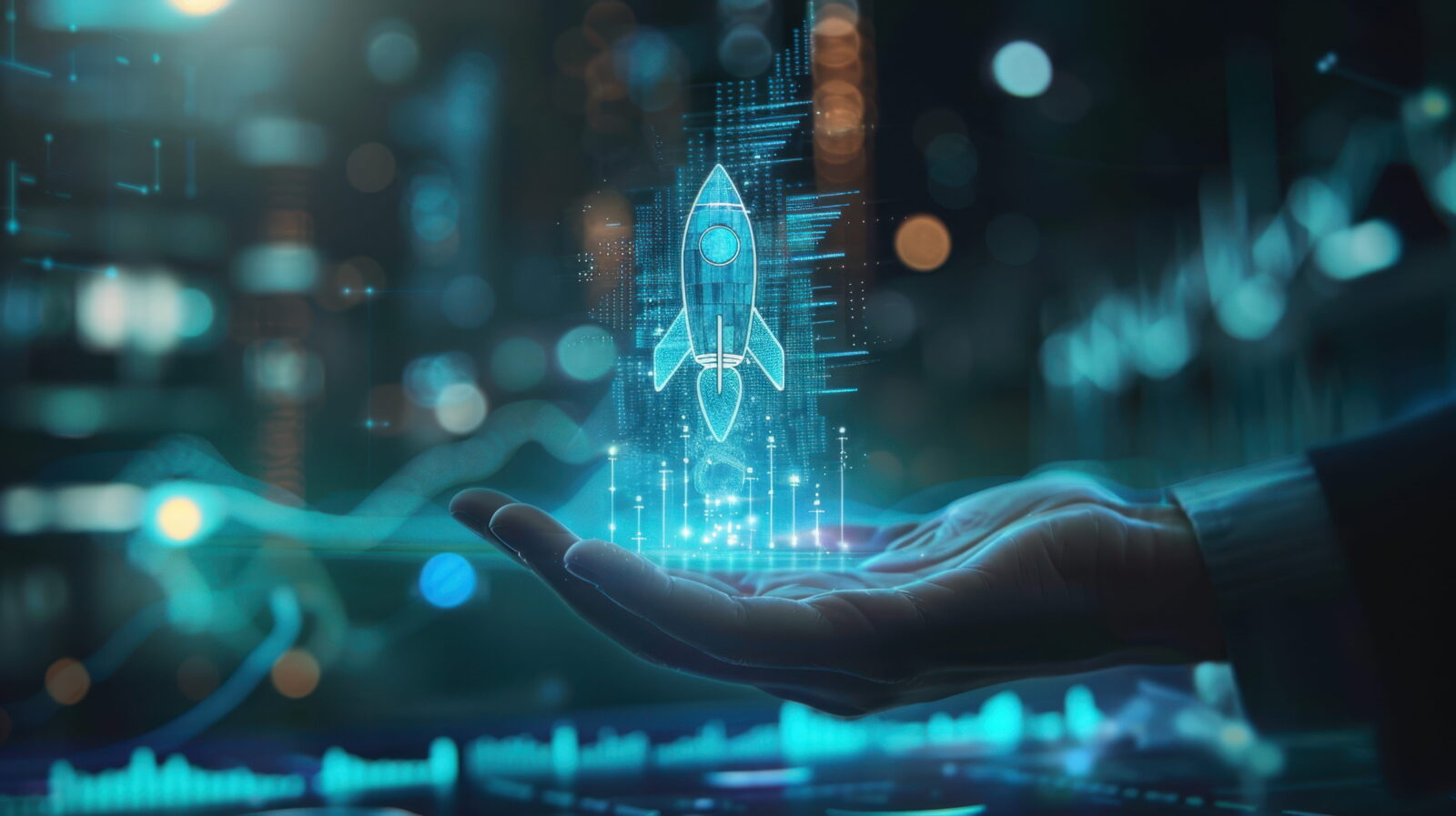 Holographic rocket projection hovering above an open hand in a blue-lit high-tech setting.