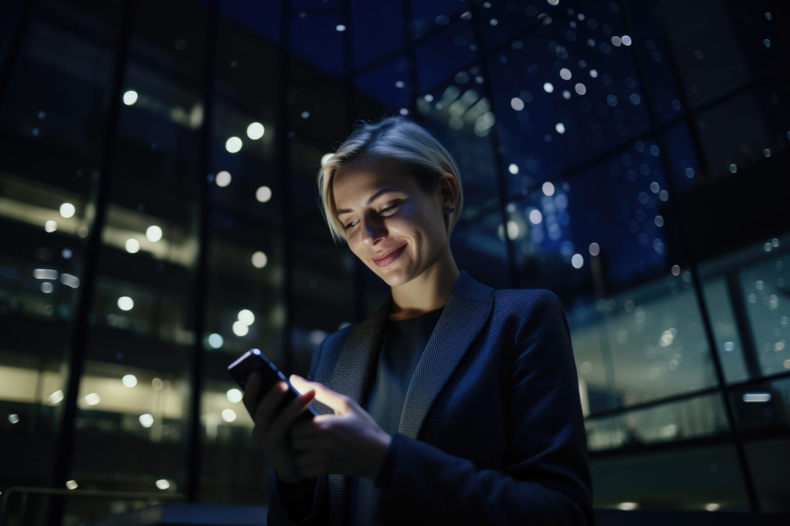 Woman in a dark blazer at night, smiling while looking at her smartphone with blurred city lights behind her.