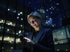 Woman in a dark blazer at night, smiling while looking at her smartphone with blurred city lights behind her.