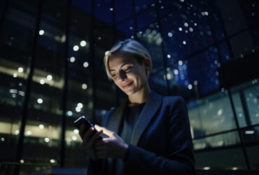 Woman in a dark blazer at night, smiling while looking at her smartphone with blurred city lights behind her.