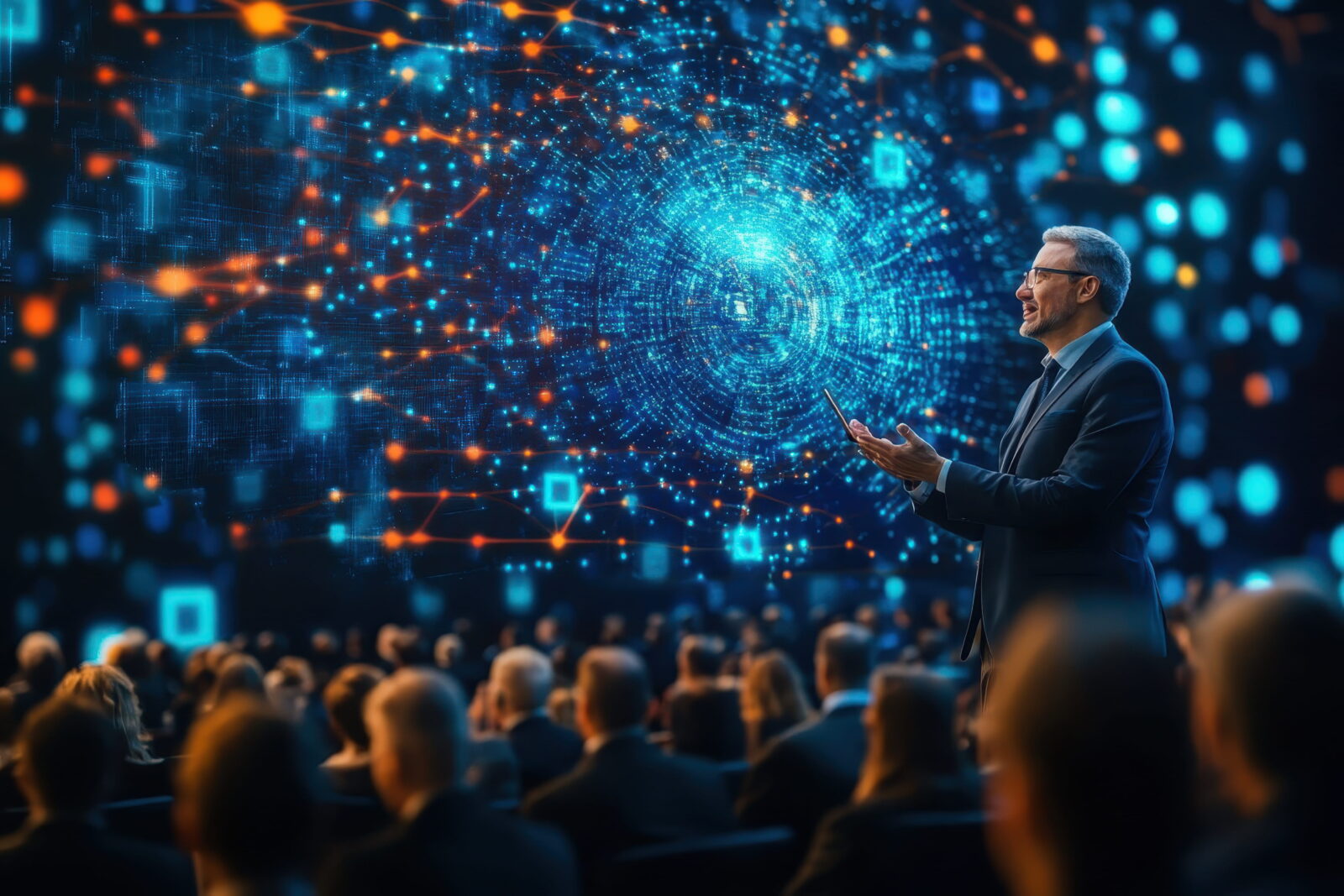 Businessman in a suit presenting on stage with swirling blue/orange digital data visuals behind him.