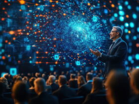 Businessman in a suit presenting on stage with swirling blue/orange digital data visuals behind him.