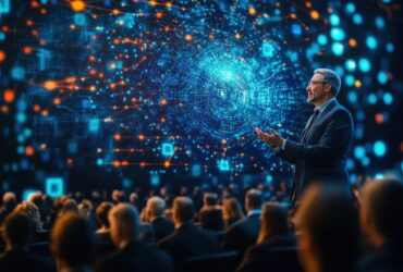 Businessman in a suit presenting on stage with swirling blue/orange digital data visuals behind him.