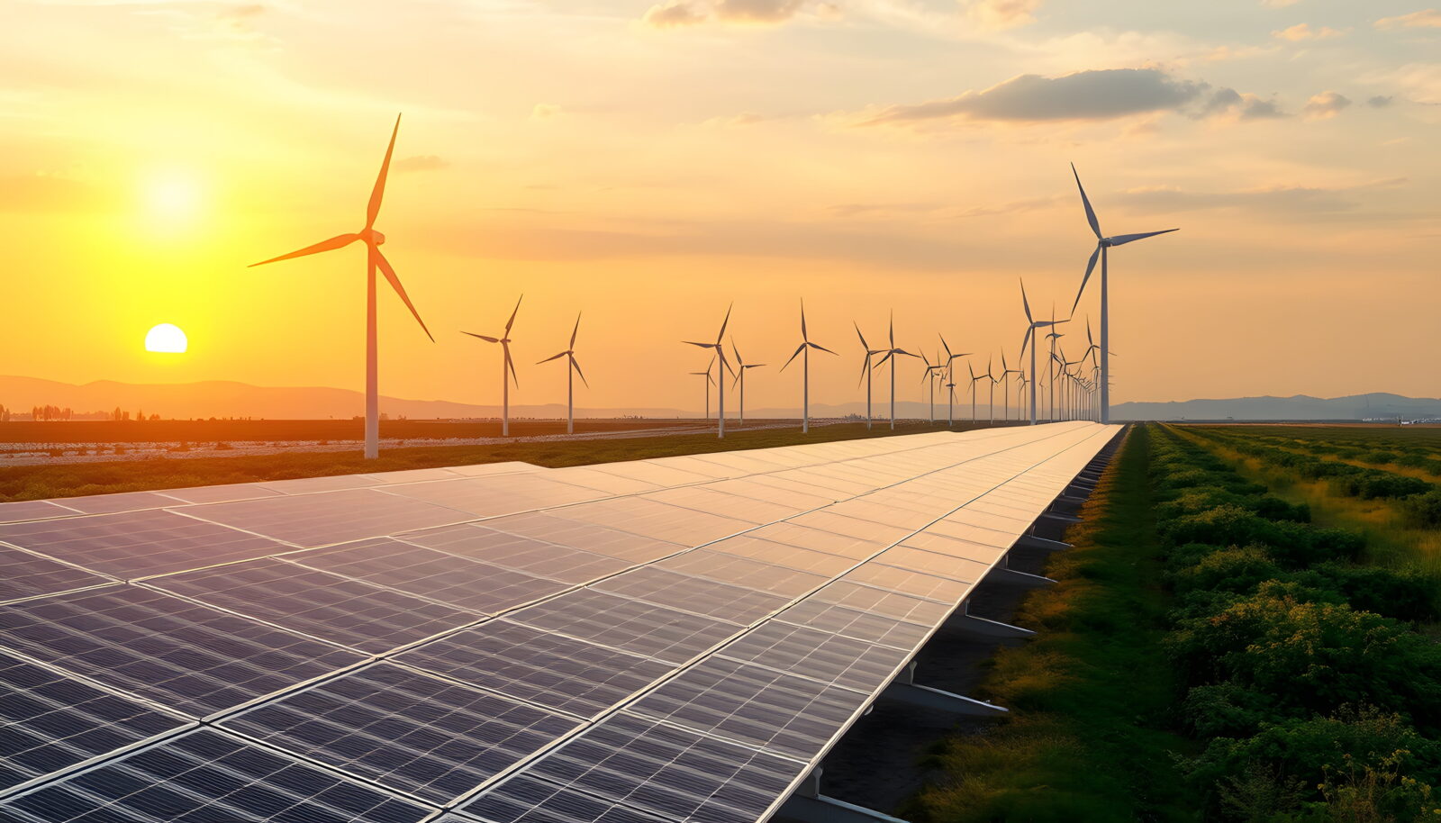 Solar panels in foreground with a wind farm at sunset on flat countryside, creating an energy landscape.